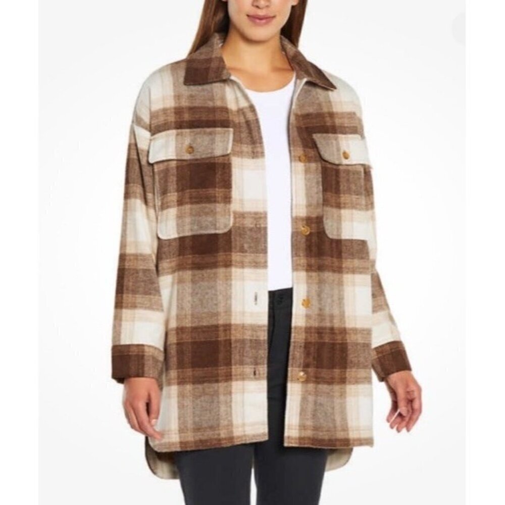 Banana Republic Women's Sz L Brown Cream Plaid Flannel Shirt Jacket NWT